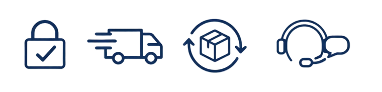 Set of four icons representing security, delivery, packaging, and customer support on a white background.